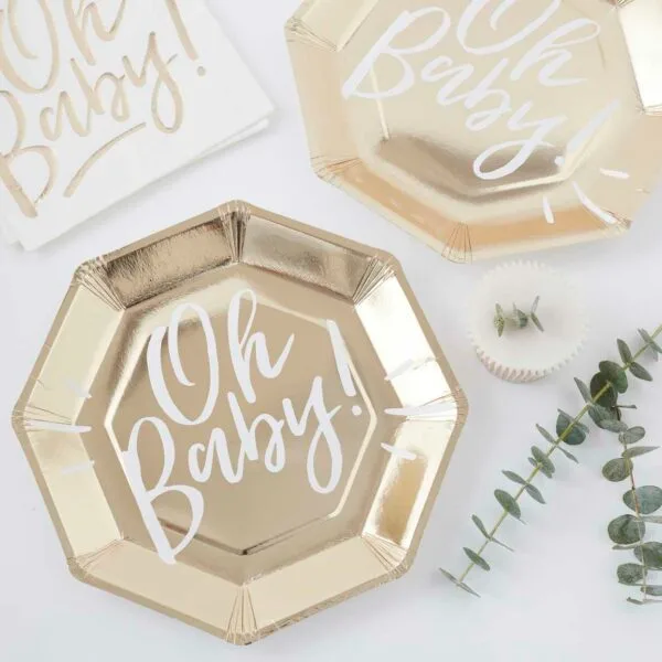Pappteller 'Oh Baby' gold/weiß 8 St.